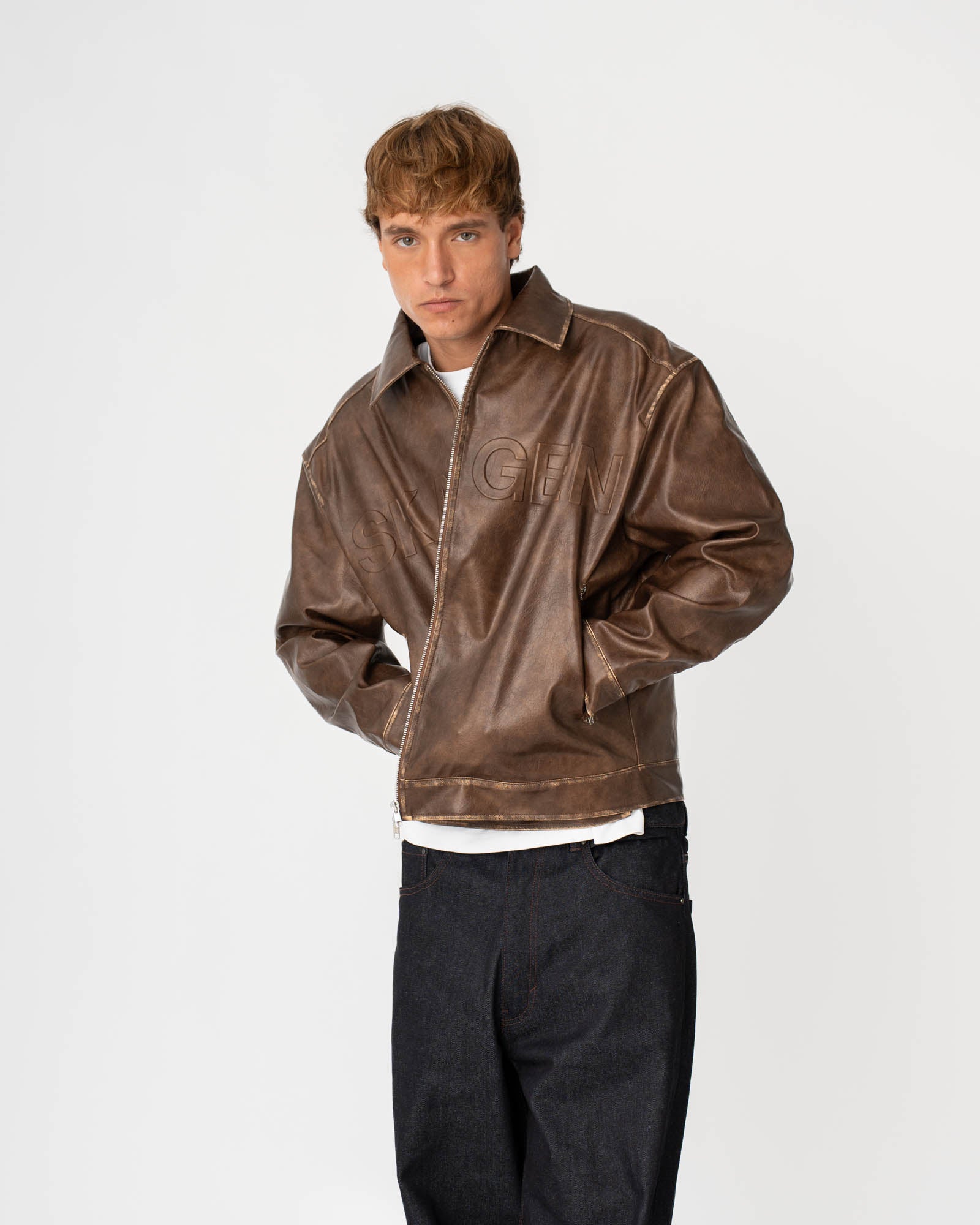 Distressed Leather Jacket Brown