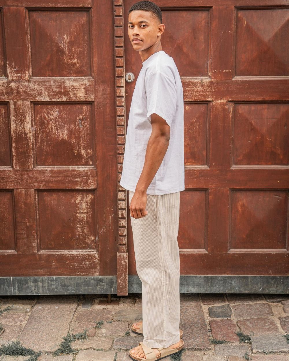 Baggy Hørbukser Beige stribet | Skagen - clothing.dk